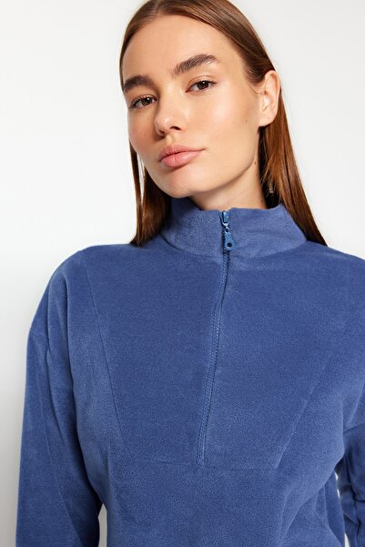 Trendyol Collection Indigó cipzáras részletes kötött pulóver