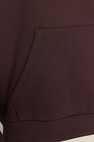 Trendyol Collection Тъмнокафяв плетен дебел суичър с джоб и качулка тип "кенгуру"