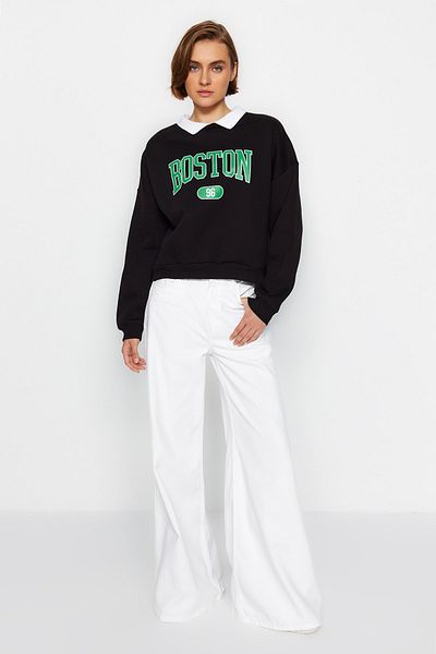 Trendyol Collection Boyfriend Cut Raised Black Knitted Sweatshirt - Printed