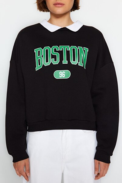 Trendyol Collection Boyfriend Cut Raised Černá pletená mikina - potištěná