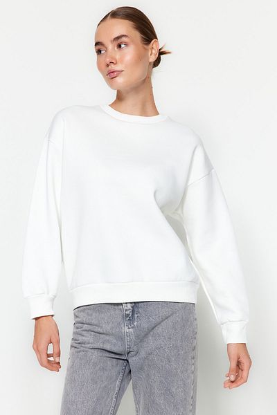 Trendyol Collection Ecru Thick Inside Fleece Regular/Normal Fit Crew Neck Basic Pletená mikina TWOAW24SW00101