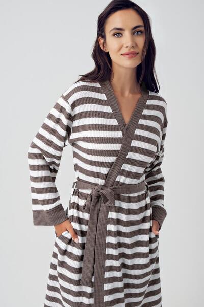 Artış Γυναικείο μακρυμάνικο ριγέ πλεκτό ύφασμα βάφλα κοντό ρόμπα