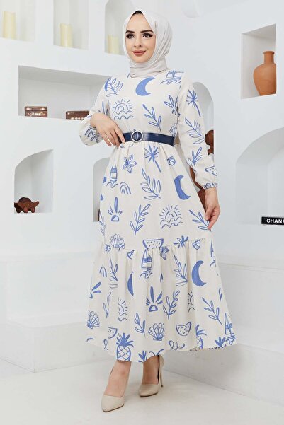 marwella Masal Keten Elbise - Mavi