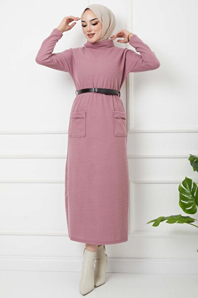 marwella Balıkçı Yaka Kemerli Elbise - Lila