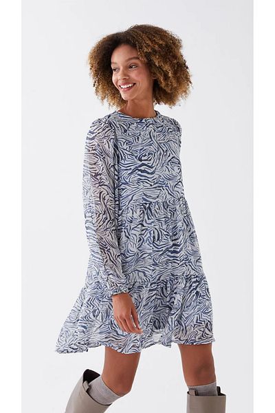 LC Waikiki LCW Vision Damen-Chiffonkleid mit Rundhalsausschnitt und langen Ärmeln