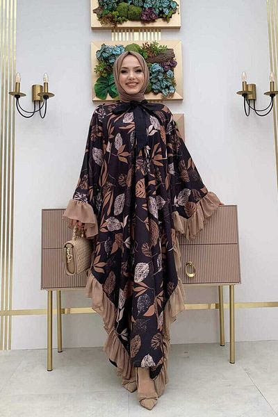 Bym Fashion Φόρεμα 3816 βιζόν με μοτίβο σε φύλλα σιφόν με λεπτομερή κασκόλ γιακά