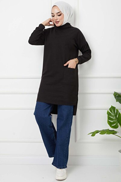 marwella Balıkçı Yaka Cepli Tunik - Siyah