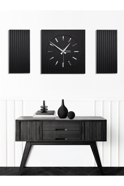 Wooden Factory Time Collection Rayon Black 3 Parça Kare Duvar Saat, (Siyah)