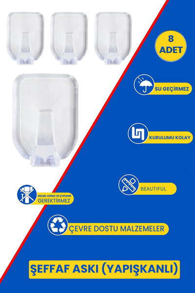 LİRAZON 8'Li Kare Yapışkanlı Kare Banyo Askısı Havlu, Bornoz Askısı Çok Amaçl...