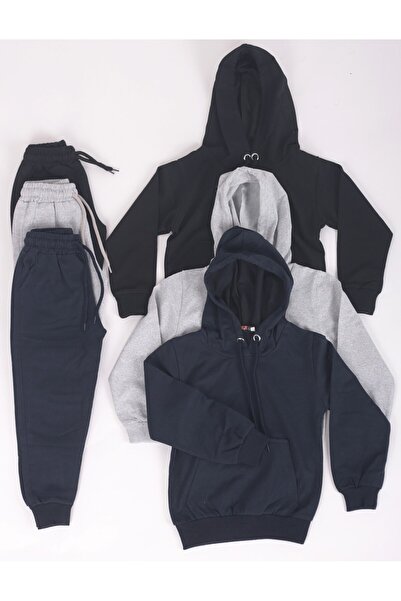 Tosspa Kids 3-Piece Unisex Plain Kangaroo Pocket Hooded Bottom-Top Tracksuit Set