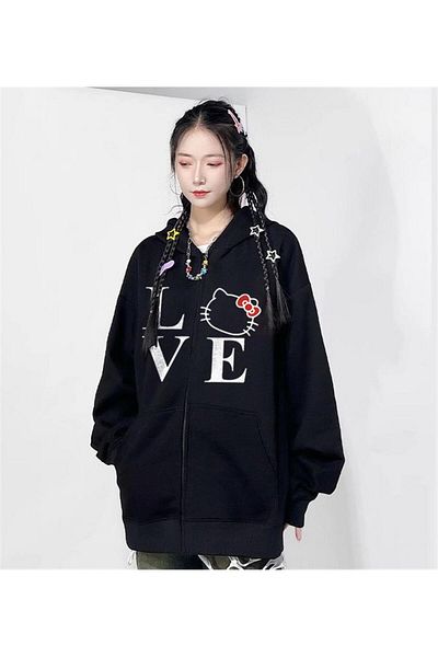 Touz Ζακέτα με κουκούλα Love Cat με φερμουάρ, μαύρη Unisex