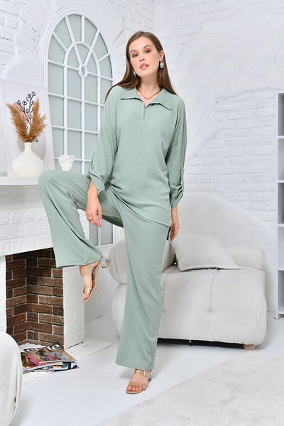VOLT CLOTHİNG Women's Polo Neck Seersucker Pants Set