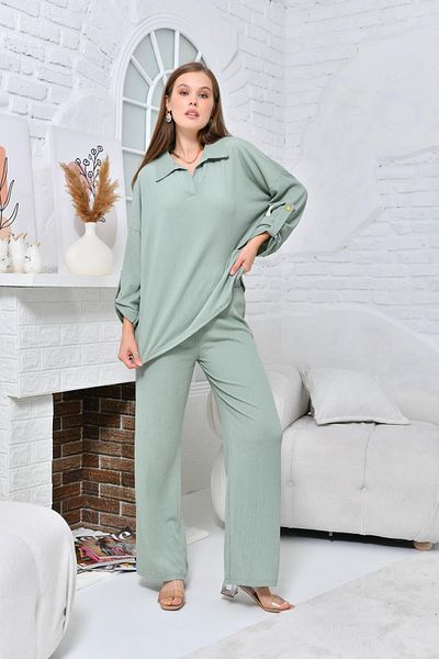 VOLT CLOTHİNG Women's Polo Neck Seersucker Pants Set