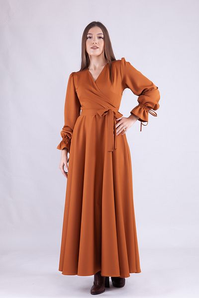 NO48 Cinnamon Maxi Length Γυναικείο φόρεμα με διπλό στήθος με βολάν με μακρυμάνικο μανίκι με βολάν με ζώνη