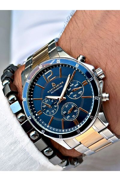 Navimarine Gold Silver Double Color Steel Strap Function Men's Wristwatch + BRACELET
