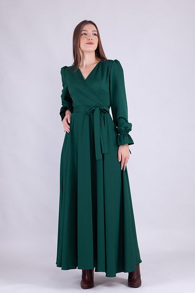 NO48 Emerald Maxi Size Γυναικείο φόρεμα με διπλό στήθος με βολάν με μακρυμάνικο μανίκι με βολάν με ζώνη