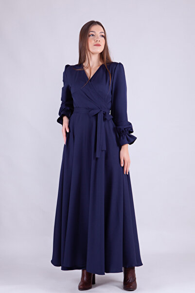 NO48 Mornarsko plava maksi haljina za žene sa Kruvaze izrez rukavima i nabran...