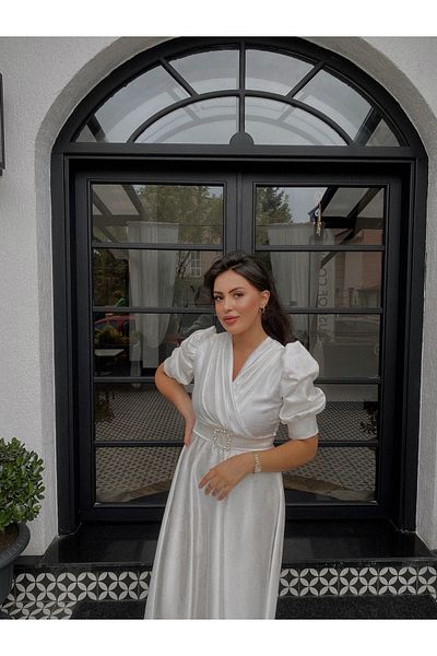 BAHARYAMAÇLI Women's Long White Balloon Sleeve Lavin Dress