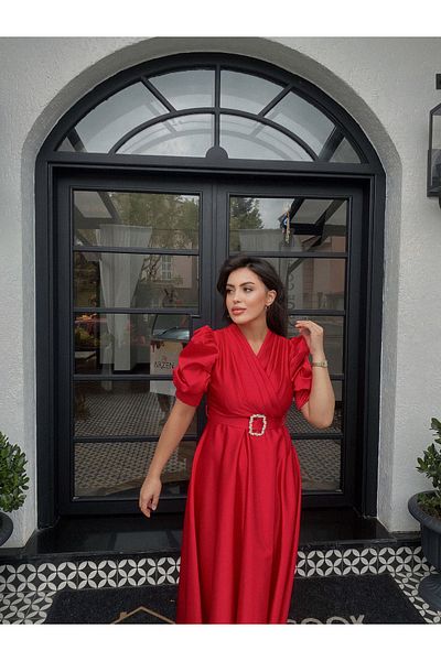 BAHARYAMAÇLI Women's Long Red Balloon Sleeve Lavin Dress
