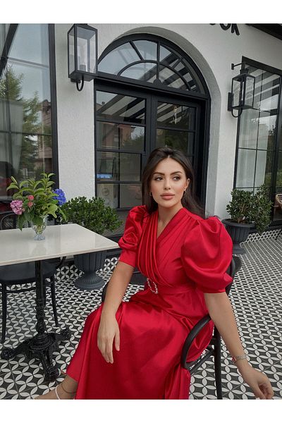 BAHARYAMAÇLI Women's Long Red Balloon Sleeve Lavin Dress