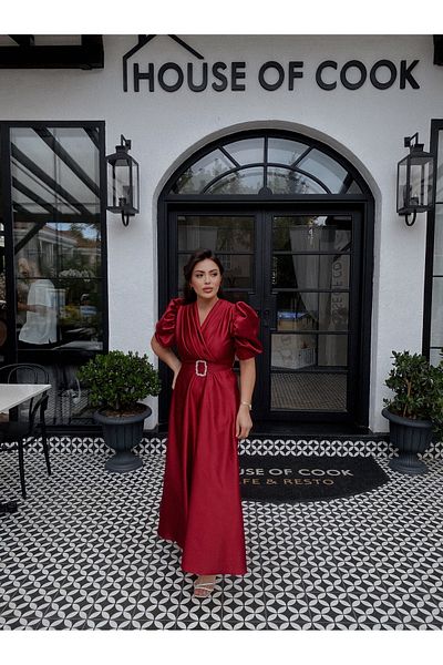 BAHARYAMAÇLI Women's Long Burgundy Balloon Sleeve Lavin Dress
