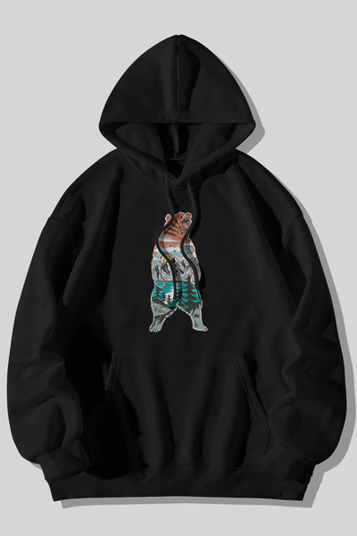 MELADYAN سويت شيرت بقلنسوة وجيب الكنغر الأسود للجنسين مطبوع عليه روح الدب الغابة