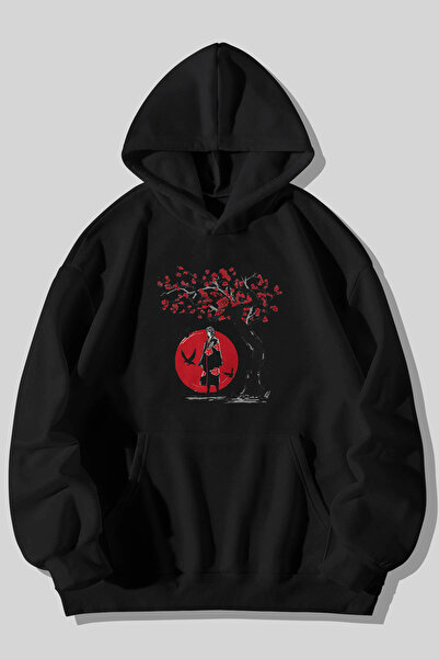 MELADYAN Naruto Akatsuki Itachi Printed Unisex Black Kangaroo Pocket Hooded S...