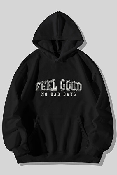 MELADYAN Feel Good No Bad Days Printed Unisex Black Kangaroo Pocket Hooded Sw...