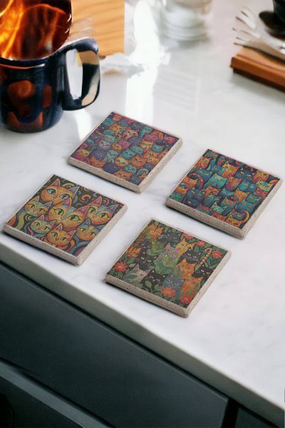 Gri Grafik Design Workshop Cats Theme Uv Printed Stone Coasters Set of 4 Mod-1