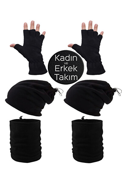 Mrey Kadın ve Erkek Siyah Kışlık Termal Polar Kesik Parmak Eldiven - İpli Bere ve Boyunluk Set 6'lı Takım