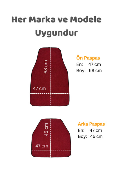 BEYLİNİ Oto Paspas Halı 5'li Set Her Araca Uygun Uzun Süre Dayanıklı Çift Taraflı Kullanım Bordo Renk
