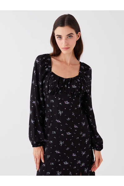 LC Waikiki LCW Casual U Yaka Çiçekli Uzun Kollu Kadın Elbise