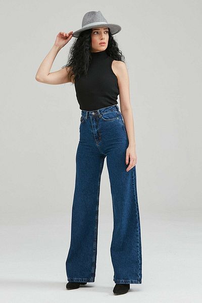 DRC trend Redmi Loose Lycra Extra High Talie Albastru Inchis Blugi Largi Pantaloni Palazzo