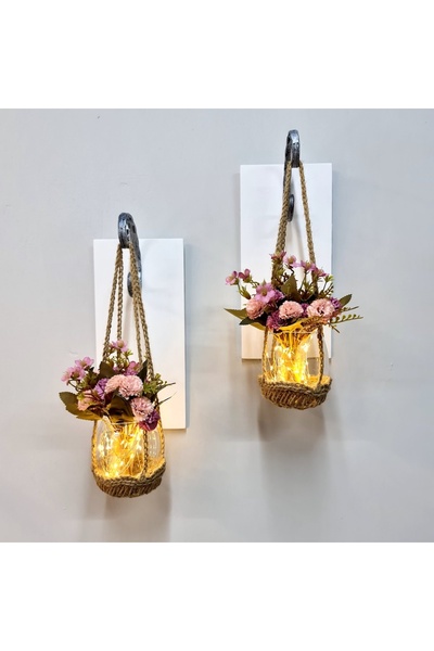 STDEKOR Duvar Dekoru, Led Işıklı, Pembe Karanfil Çiçekli, Beyaz Aplik İkili Set