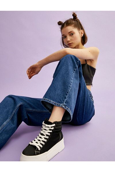 DRC trend Talas Casual Lycra Anii 90, care nu se estompează, albastru închis, talie înaltă, blugi largi, pantaloni Palazzo