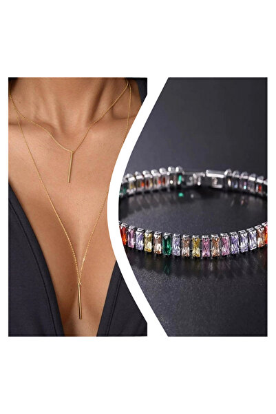 Everglow Jewelry Women's Double Line Necklace Stick Detailed & Bracelet Set