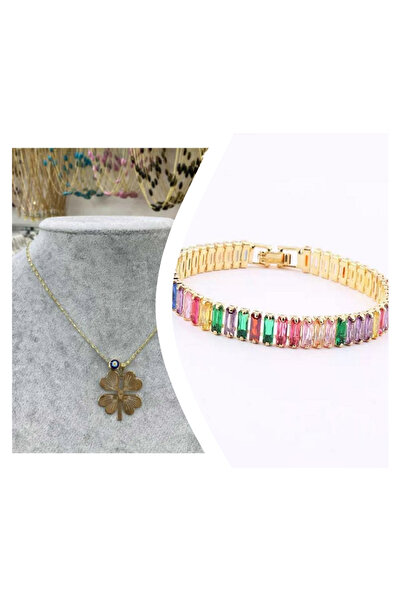 Everglow Jewelry مجموعة قلادة وسوار على شكل البرسيم مع شكل خرزة عين الشر