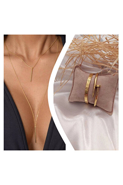 Everglow Jewelry Kadın Ikili Line Kolye Çubuk Detaylı & Bileklik Set
