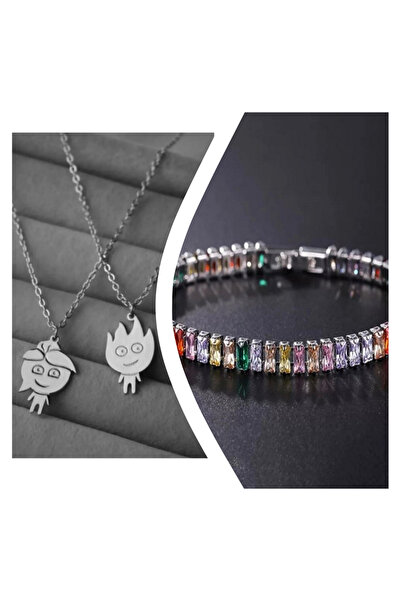Everglow Jewelry مجموعة قلادة وسوار فضية فاخرة من النار والماء