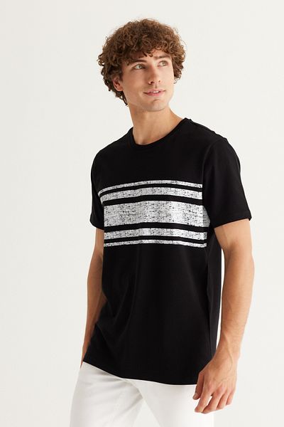 AC&Co / Altınyıldız Classics Men's Black Slim Fit Narrow Cut Crew Neck 100% Cotton Printed T-Shirt