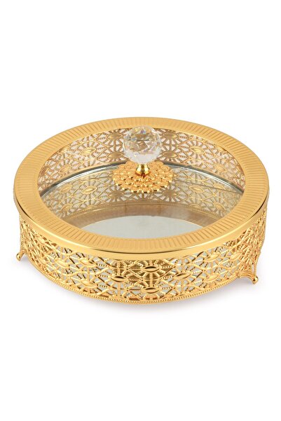 HELVACIOĞLU AKSESUAR 27 Pattern Round Box with Lid 15 Cm Gold