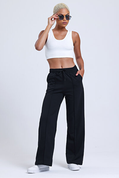 VOSSAX Women's Black Double Pocket Elastic Waist Loose Wide Leg Palazzo Sweatpants