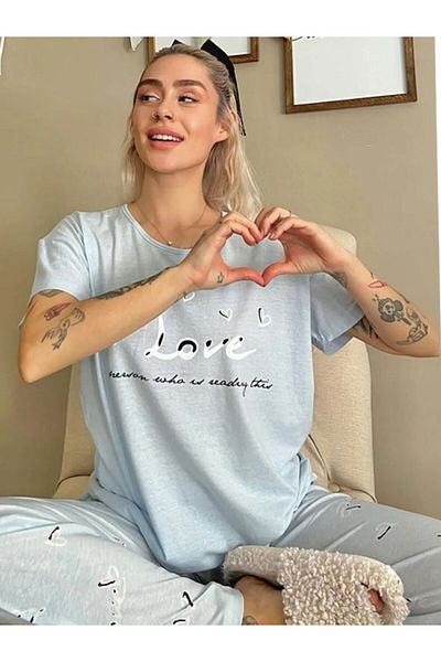 LİNOTTİ SET Pijamale din bumbac imprimat LOVE MOV 23111