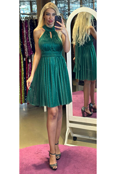 Abiyeniall Yeşil Sırt Dekolteli Kloş Etekli Simli Kumaş Kısa Abiye Elbise 6710