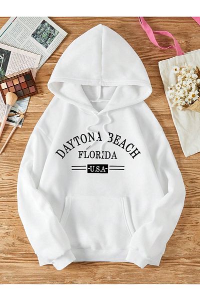 trendgar DAYTONA BEACH PRINTED WHITE HOODED SWEATSHIRT HODİE