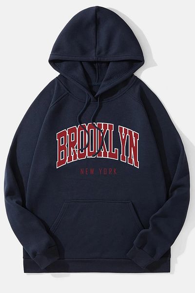 MODAGEN Unisex μπλουζάκι με κουκούλα Μπρούκλιν με στάμπα μεγάλου μεγέθους