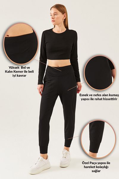schlank Women's Black High Waist Pocket Elastic Waist Flexible Jogger Pants