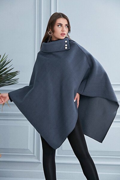 moda biz Women's Stylish Design Poncho with Button Detail on Smoked Collar