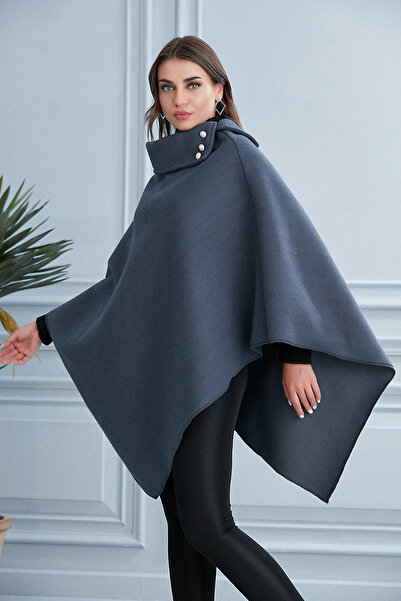 moda biz Women's Stylish Design Poncho with Button Detail on Smoked Collar