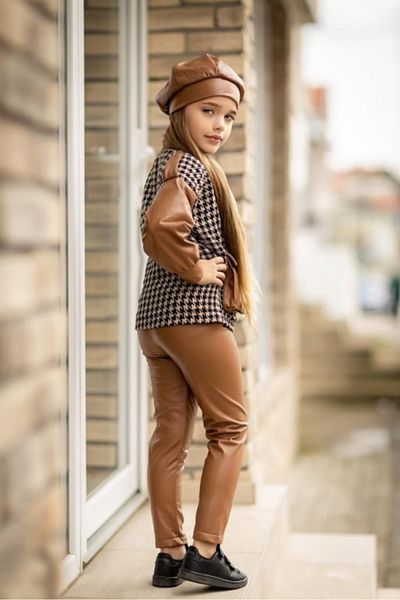 nisaykids Кожено яке за момиче, блуза, кожени клинове, комплект кожена шапка